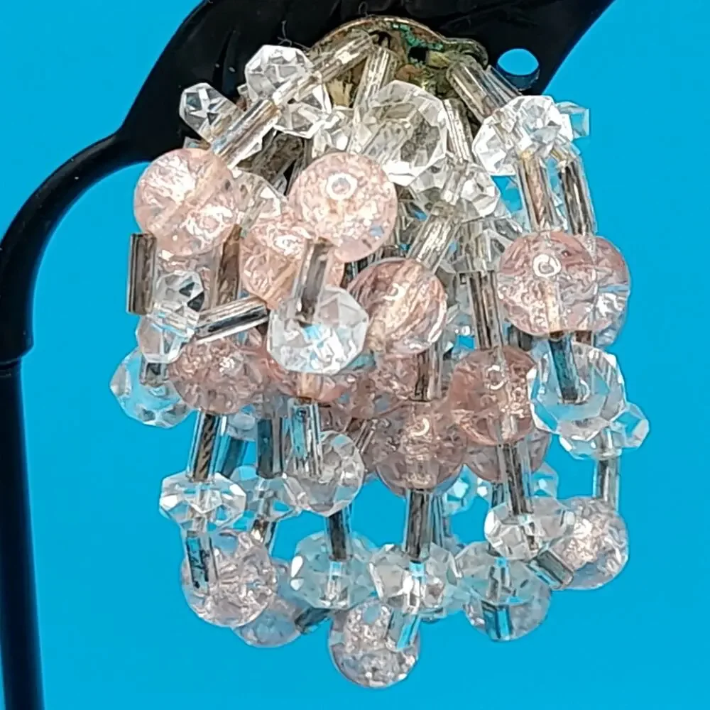 Vintage Pink Clear Waterfall Clip Earrings, Hand-Threaded, 1940s, 2
